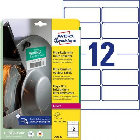 Avery-Zweckform L7913-10 Etichette 99.1 x 42.3 mm Pellicola in polietilene Bianco 120 pz. Permanente Etichetta