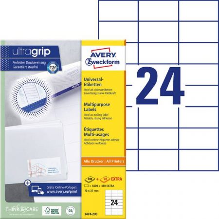 Avery-Zweckform 3474-200 Etichette 70 x 37 mm Carta Bianco 5280 pz. Permanente Etichetta universale 220 fogli DIN A4