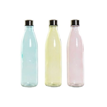 Bottiglia DKD Home Decor Cristallo Azzurro Rosa Acciaio inossidabile Giallo (8 x 8 x 31 cm) (3 Unità)
