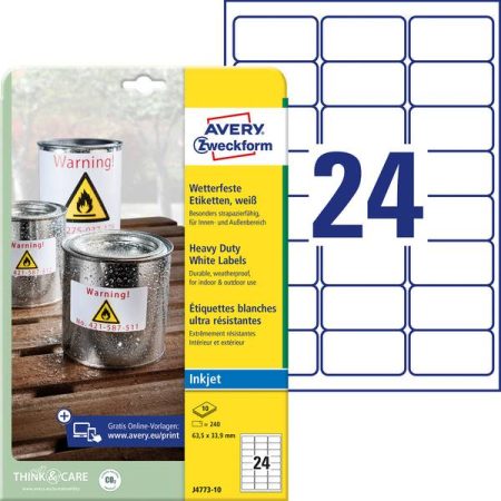 Avery-Zweckform J4773-10 Etichette 63.5 x 33.9 mm Pellicola in poliestere Bianco 240 pz. Permanente Etichetta
