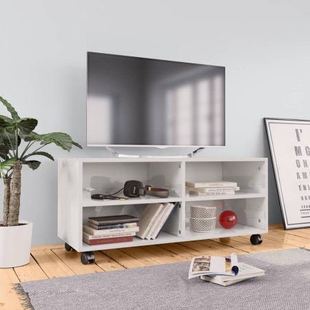 Mobile TV con Ruote Bianco Lucido 90x35x35 cm in Truciolato