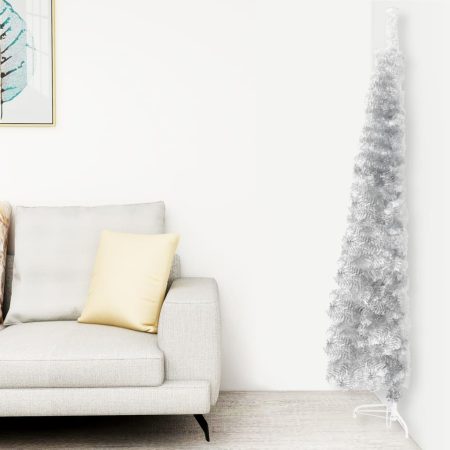 Albero Natale Artificiale Sottile a Metà Supporto Argento 120cm