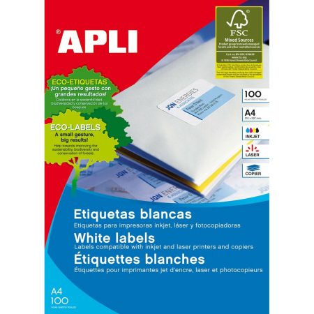 Etichette adesive Apli 1281 100 fogli 210 x 297 mm Bianco