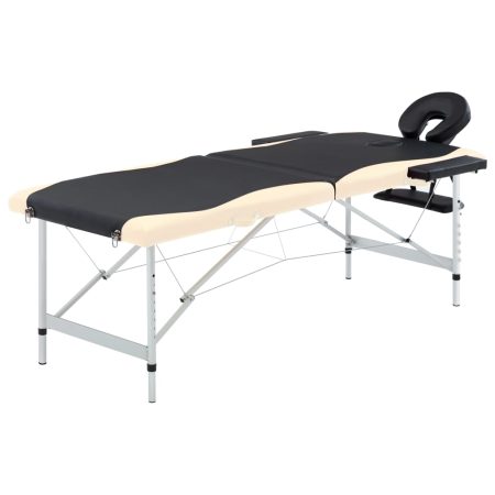 Lettino Massaggio Pieghevole 2 Zone in Alluminio Nero e Beige