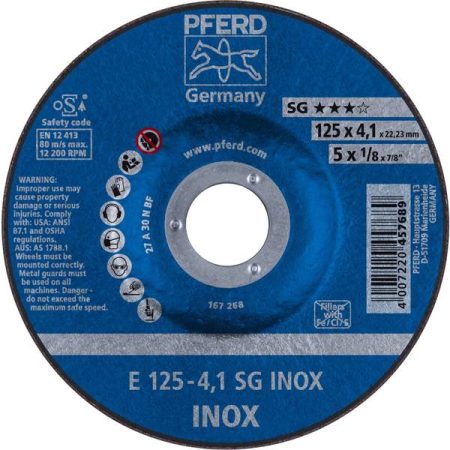 PFERD 62212423 Sg Inox Disco di sgrossatura con centro depresso Diametro 125 mm Ø foro 22.23 mm 10 pz.