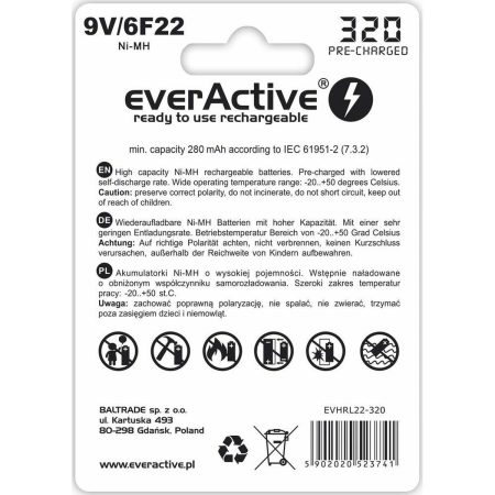 Batterie Ricaricabili EverActive EVHRL22 320 mAh 9 V
